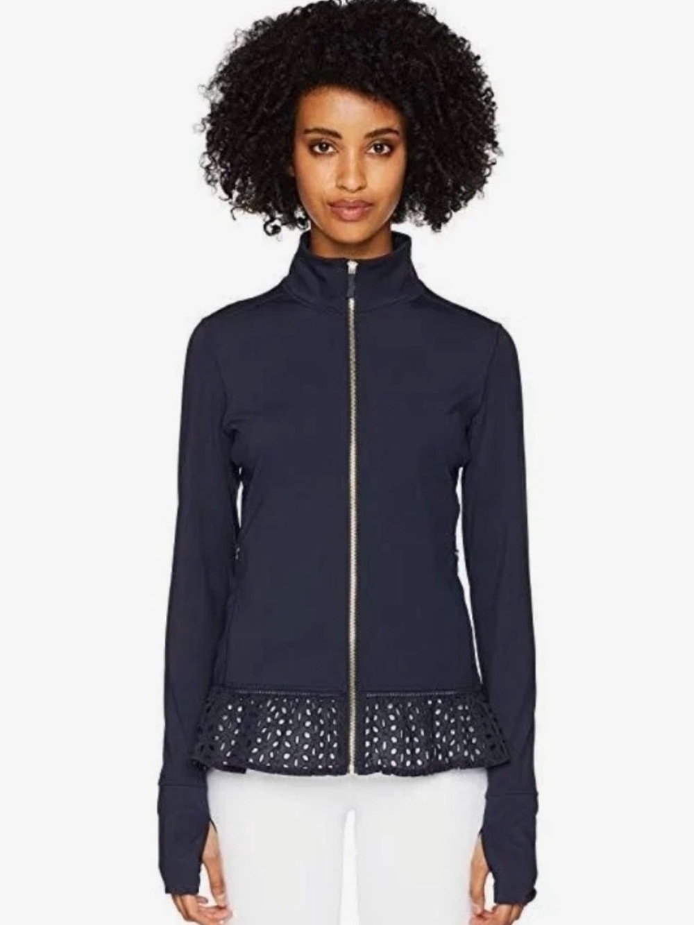 KATE SPADE ♠️ Womens Navy Full-Zip Jacket with Laser-Cut Peplum